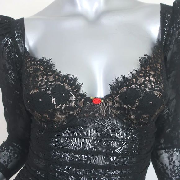 For Love & Lemons Ruched Lace Bustier Mini Dress Black Sz Extra Extra Small NEW - Picture 2 of 8